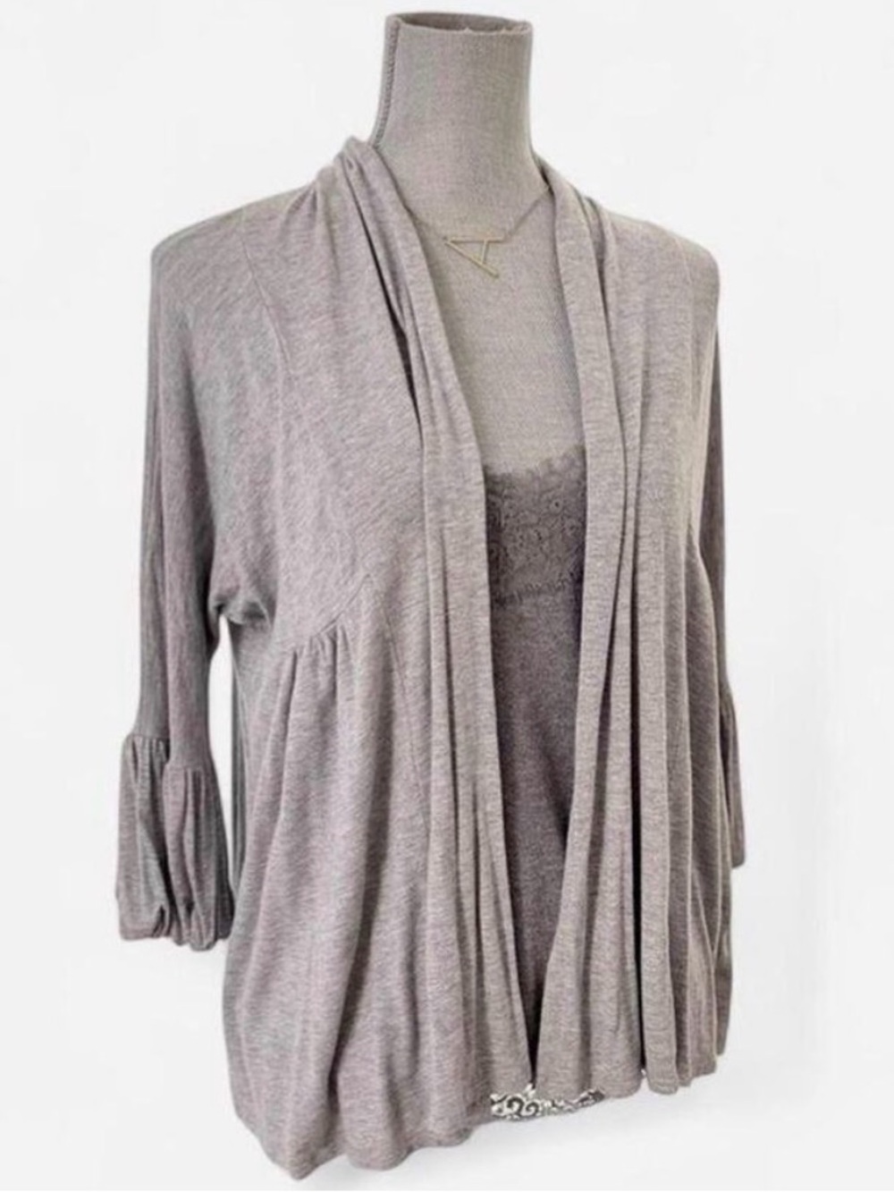 Elan open front cardigan grey medium preppy layering puffed balloon 3/4 sleeves